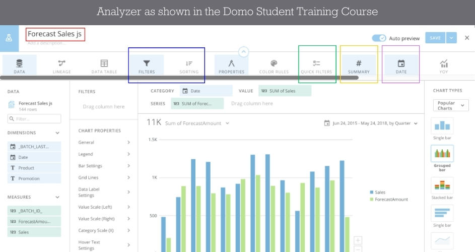 This image shows the Analyzer interface as shown in the Domo Student Training course and highlights differences between this version and the current version of Analyzer.