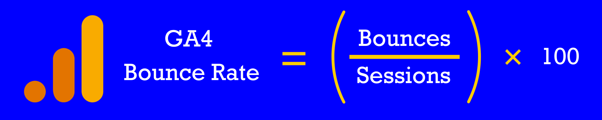 The image shows how GA4 calculates bounce rate (bounces are divided by sessions and then the result is multiplied by 100).