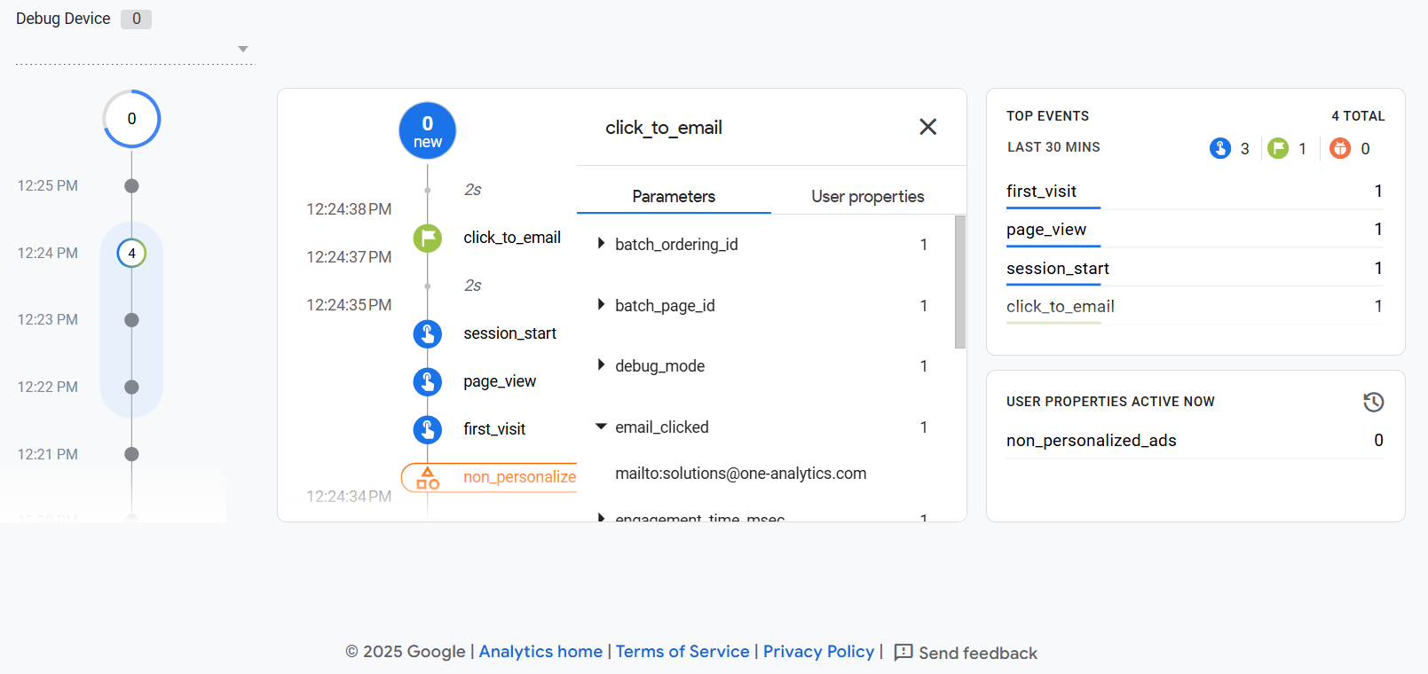 View-Event-Parameters-in-GA4-DebugView.webp The image shows a screenshot of GA4 DebugView where the "click_to_email" event has been selected and the associated parameters (including "email_clicked") are being shown.