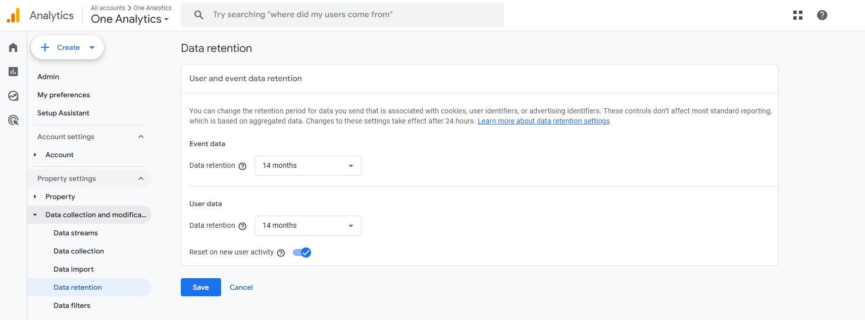 The image shows the Data Retention settings in Google Analytics with both Event Data and User Data having been set to be retained for 14 months.