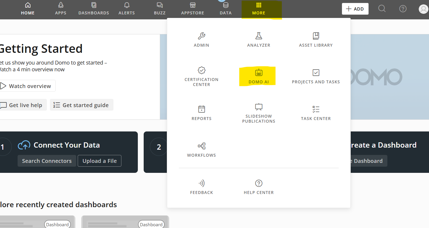 Domo-AI-Text-to-Beast-Mode-Step-1-1.webp The image shows the selection of "More" from the top menu and "Domo AI" from the drop down menu.
