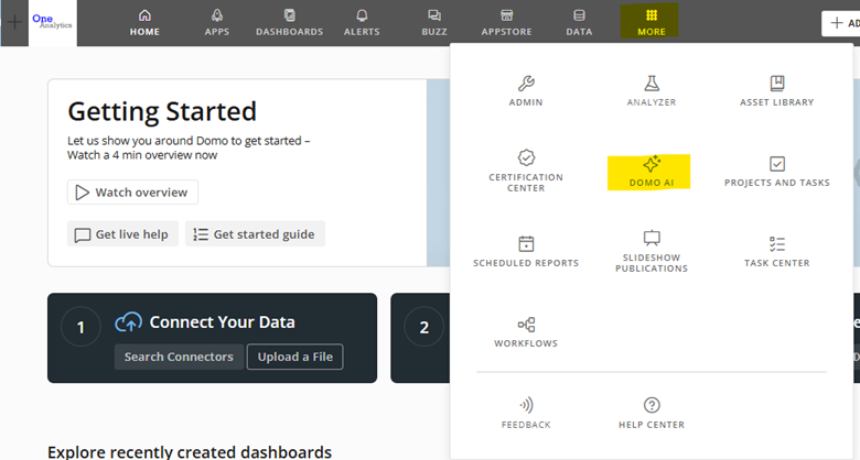 The image shows the selection of "More" from the top menu and "Domo AI" from the drop down menu.