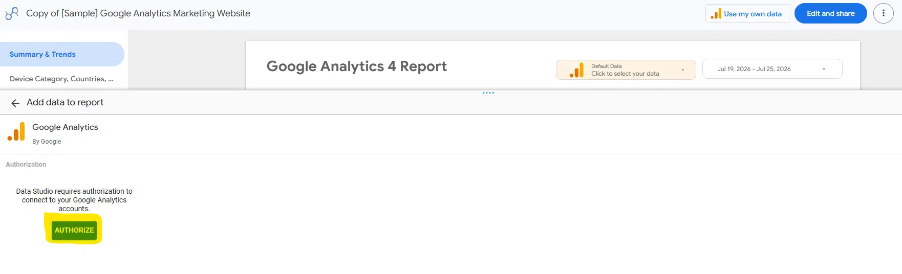 The image shows how to authorize Data Studio (formerly Looker Studio) to connect to your Google Analytics 4 data.