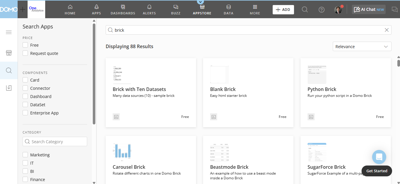 This image shows a search for "brick" in the Domo Appstore and the associated results.