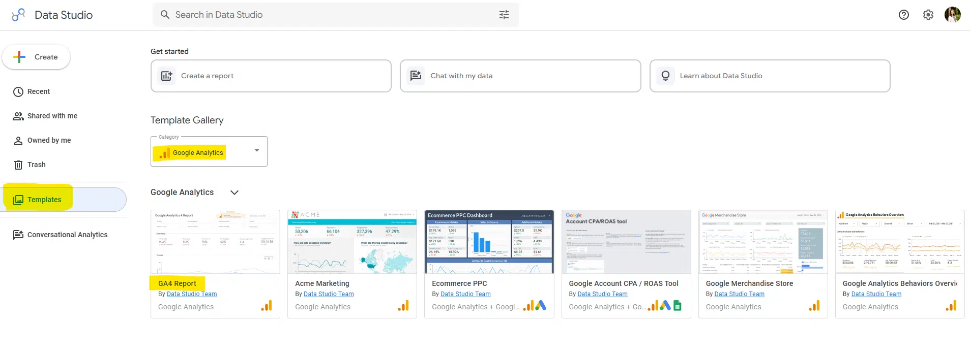 This image shows where to find the "GA4 Report" template within Data Studio (formerly Looker Studio).