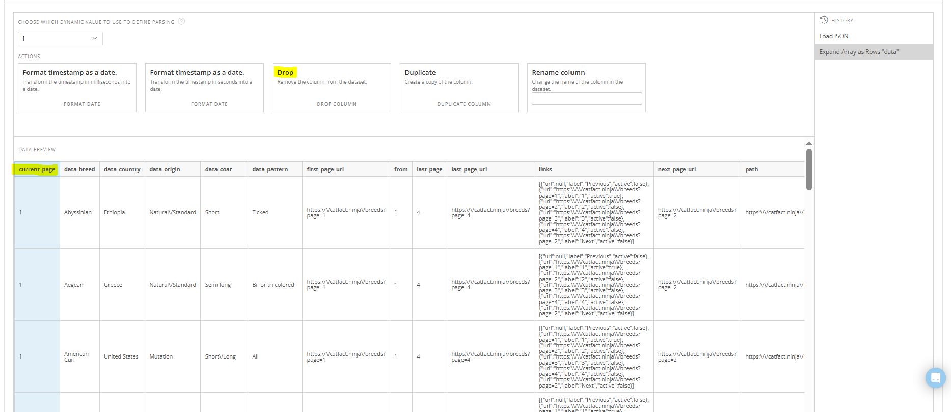 Domo JSON No Code Connector_Drop Column The image shows the Domo JSON No Code Connector's Parsing options. We've selected a particular column and the option "Drop".