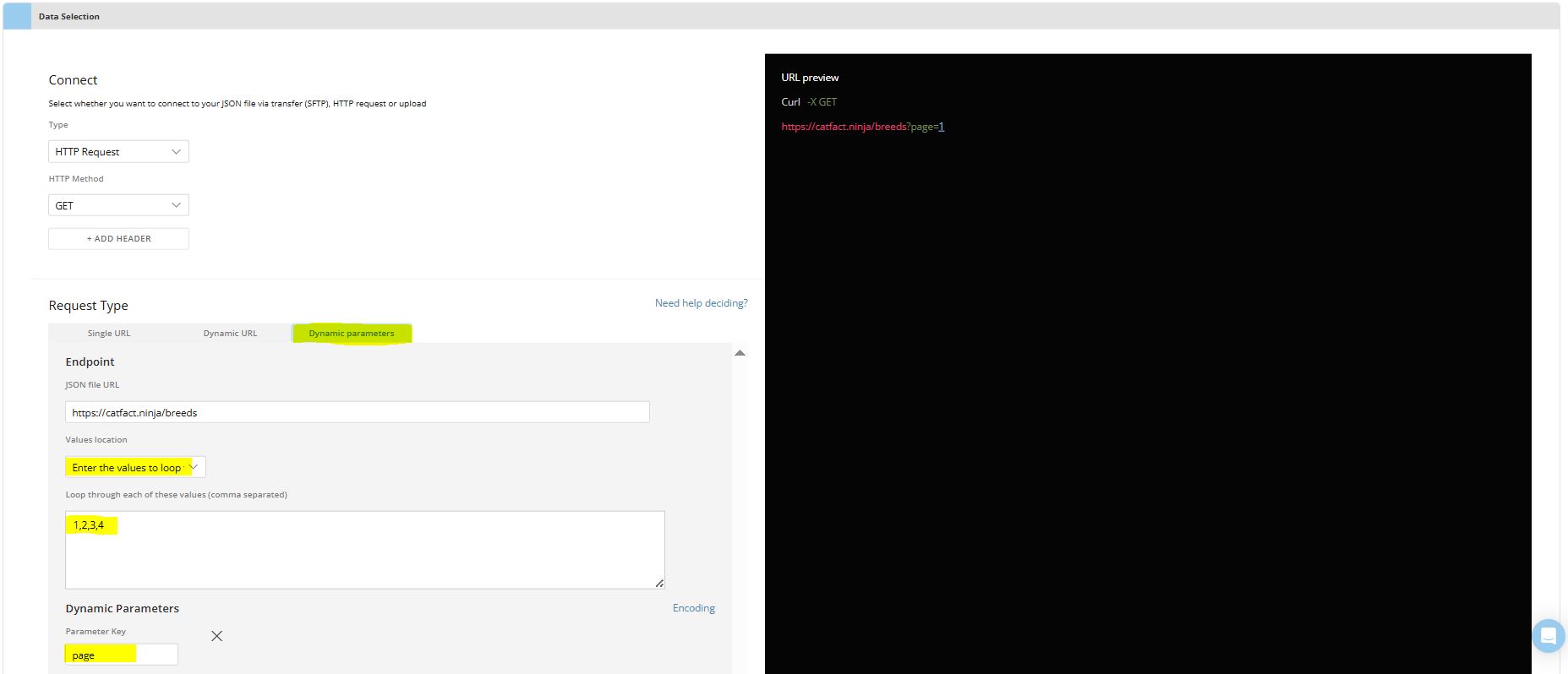Domo JSON No Code Connector_Dynamic Parameters The image shows the connector's Data Selection pane where dynamic parameters are set.