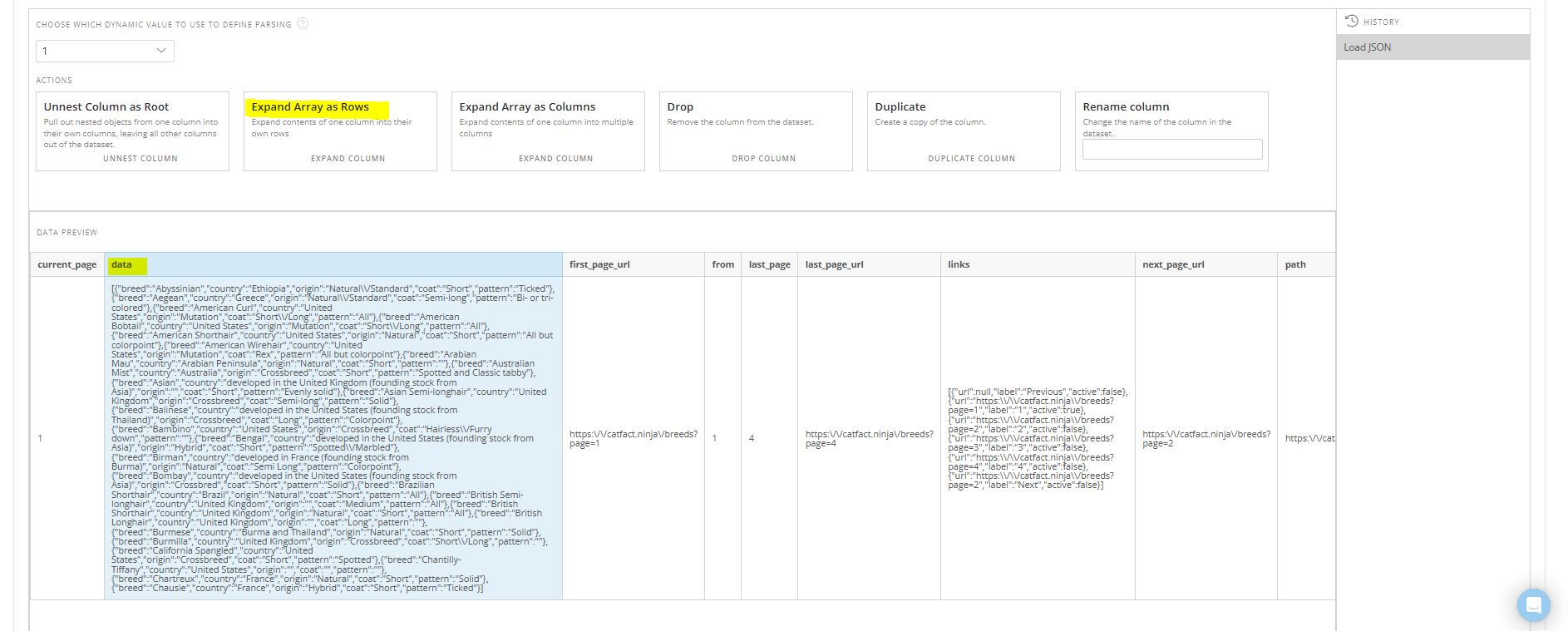 Domo JSON No Code Connector_Expand Array as Rows The image shows the Domo JSON No Code Connector's Parsing options. We've selected a particular column and the option "Expand Array as Rows".