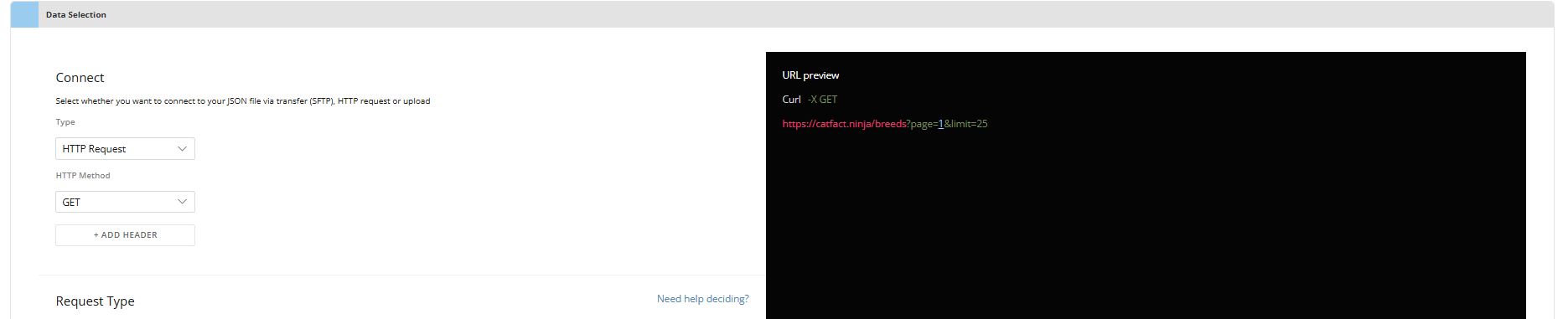 Domo JSON No Code Connector_Final API Call The image shows the connector's Data Selection pane where you can see a URL Preview.