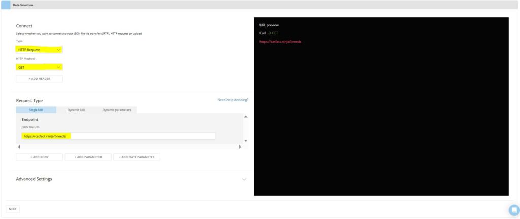 The image shows the connector's Data Selection pane where Type, HTTP Method, and Endpoint are being set.