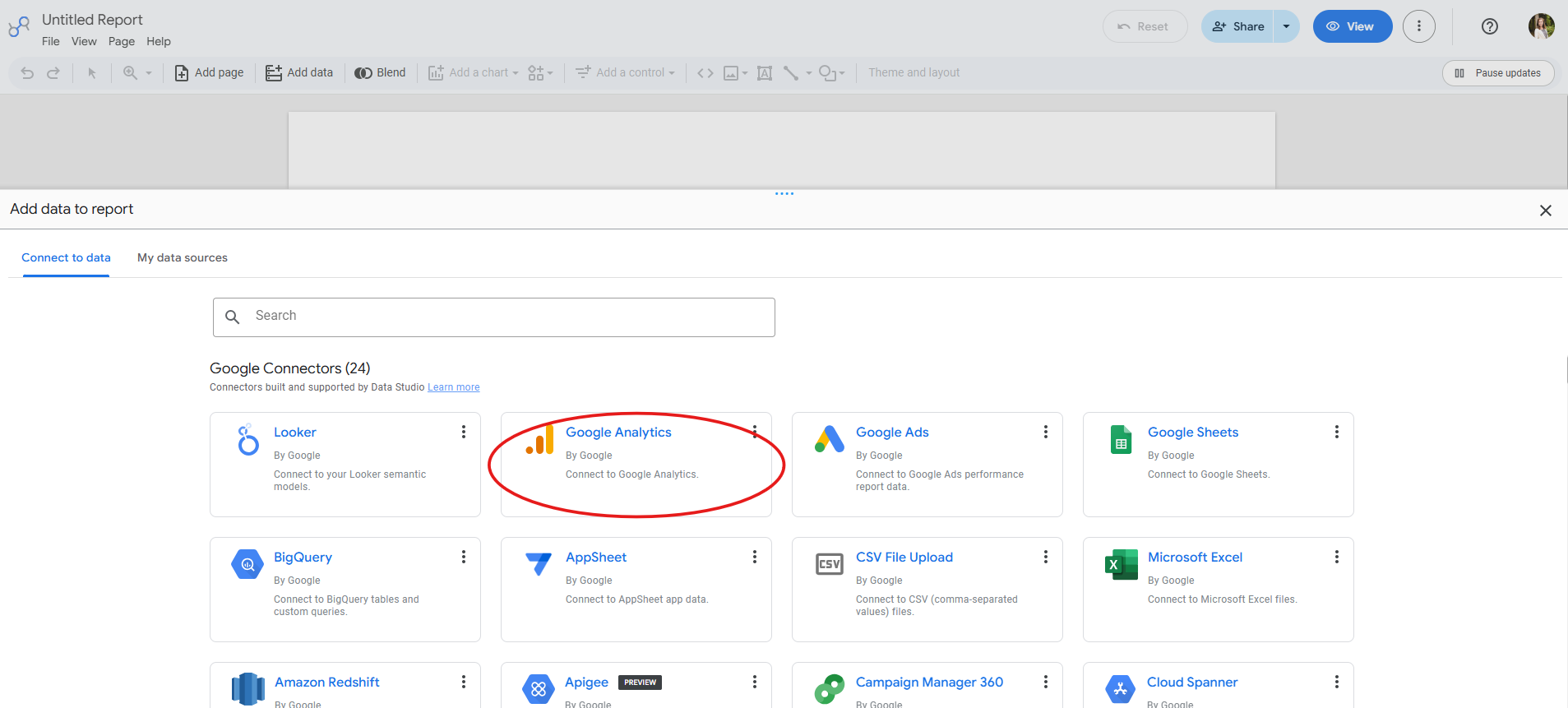 The image shows the prompt to add data to a Data Studio (formerly Looker Studio) report.  It shows the selection of the Google Analytics connector.