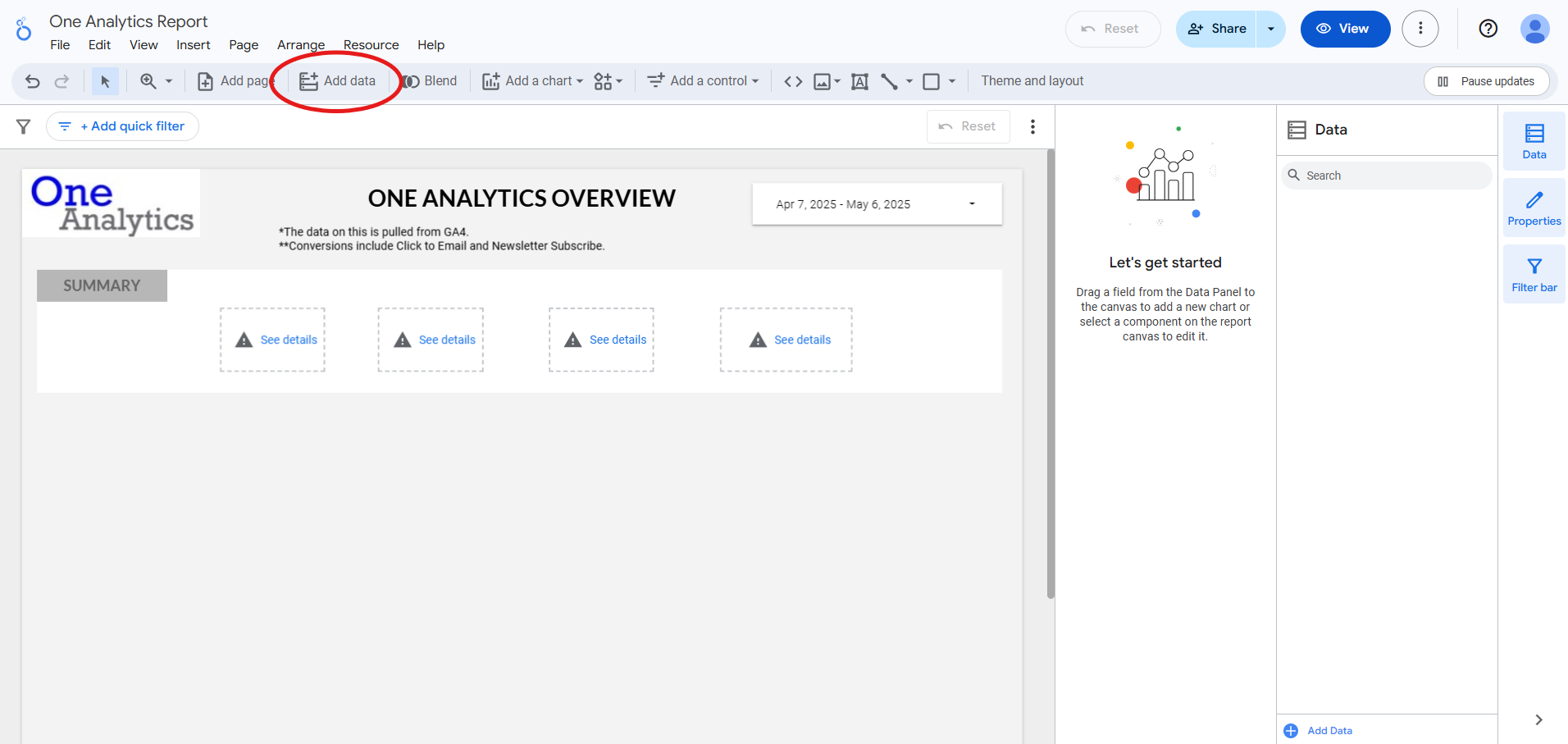 Add Data to Looker Studio The image shows the "Add data" option within a Looker Studio report.