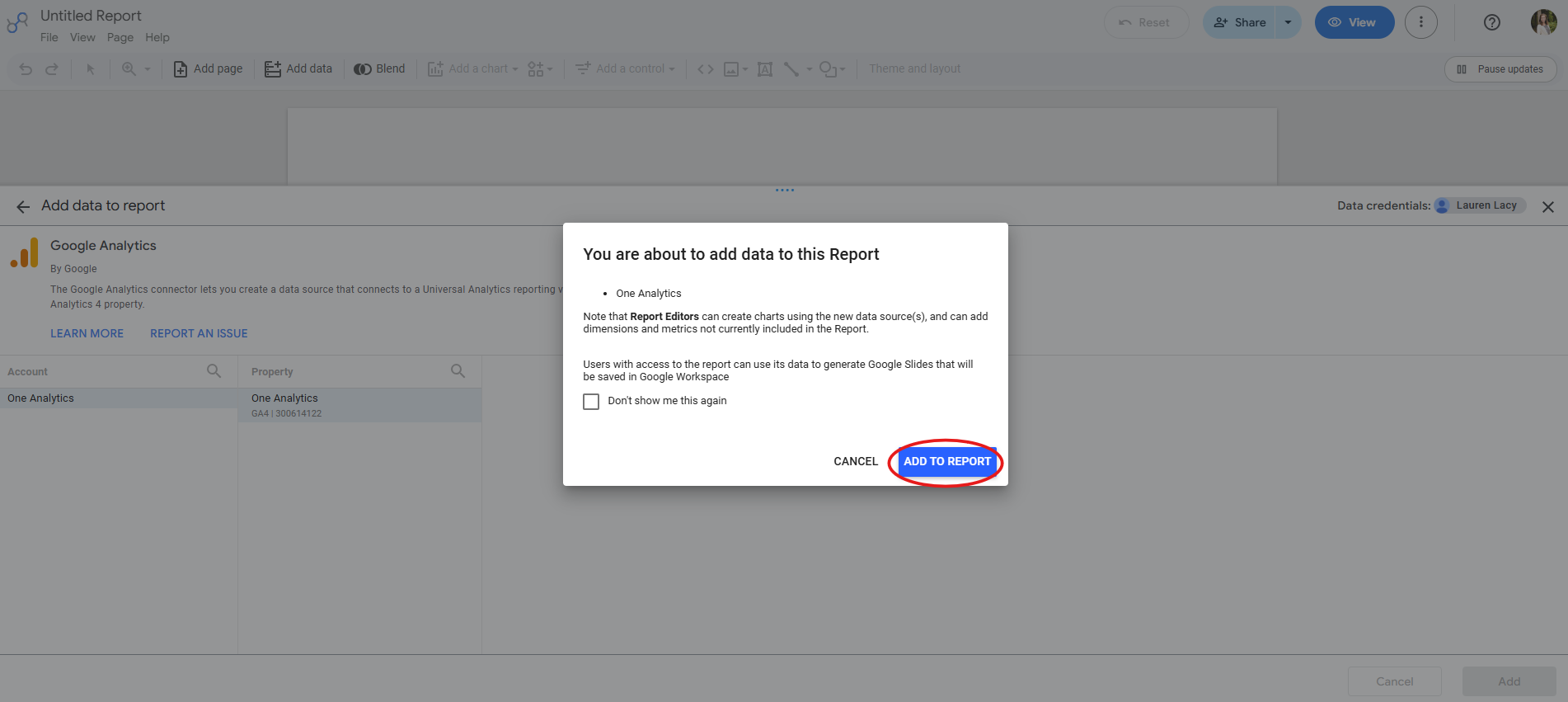 The image shows the prompt within Data Studio (formerly Looker Studio) alerting us that we are about to add data to the report.