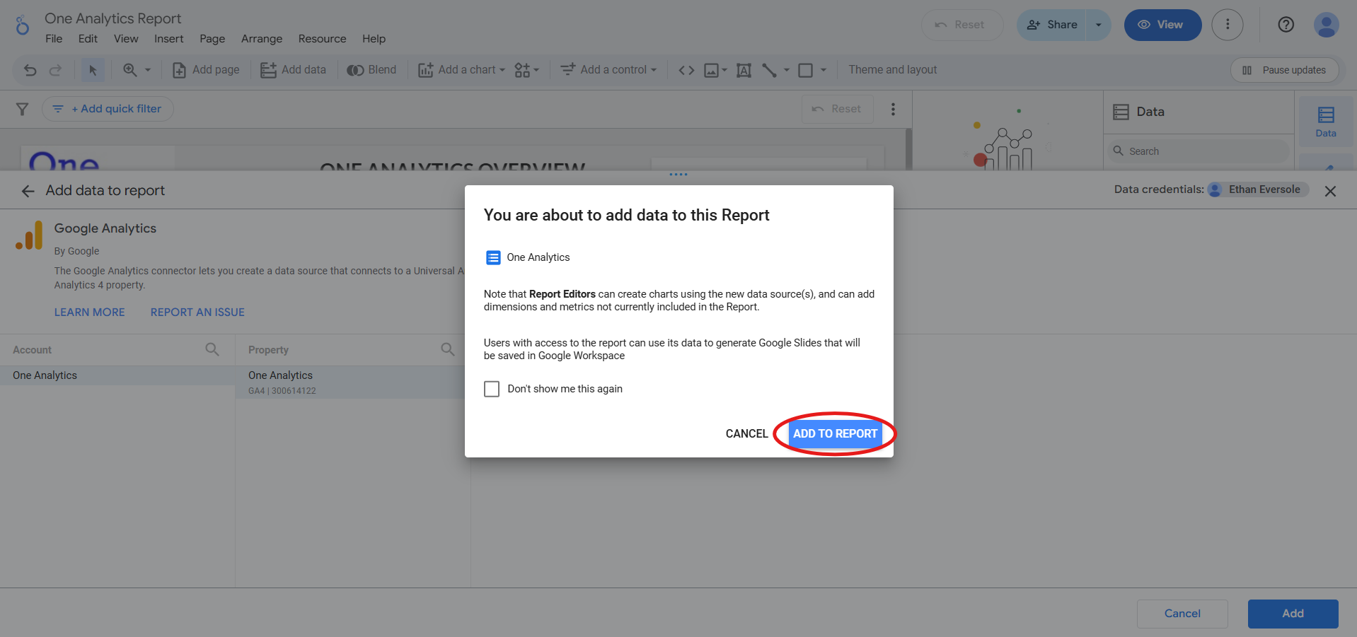 Add to Report Prompt The image shows the prompt within Looker Studio alerting us that we are about to add data to the report.