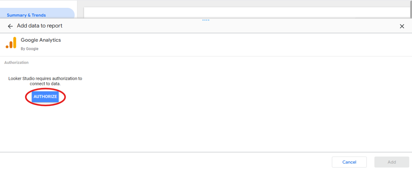 Authenticating Google Analytics Connector The image shows where to authorize Looker Studio to connect to Google Analytics.