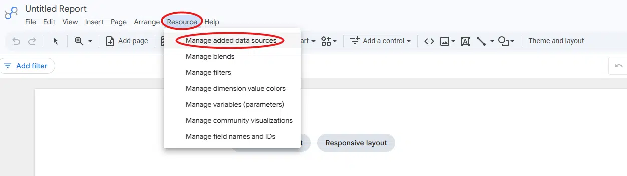 The image shows where to select "Resource" and "Manage added data sources" from the Data Studio (formerly Looker Studio) menu.
