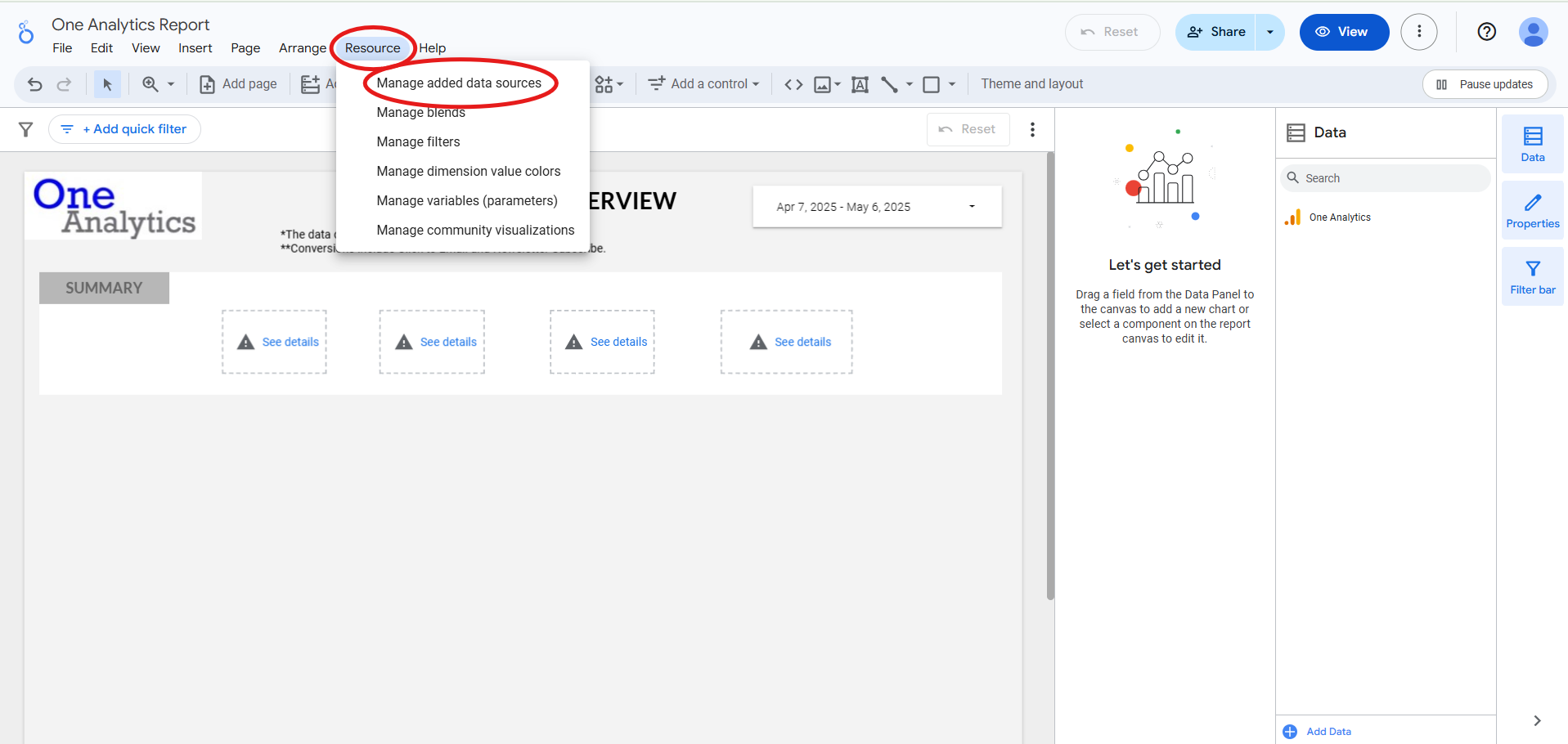 Confirm Looker Studio Connection The image shows where to select "Resource" and "Manage added data sources" from the Looker Studio menu.