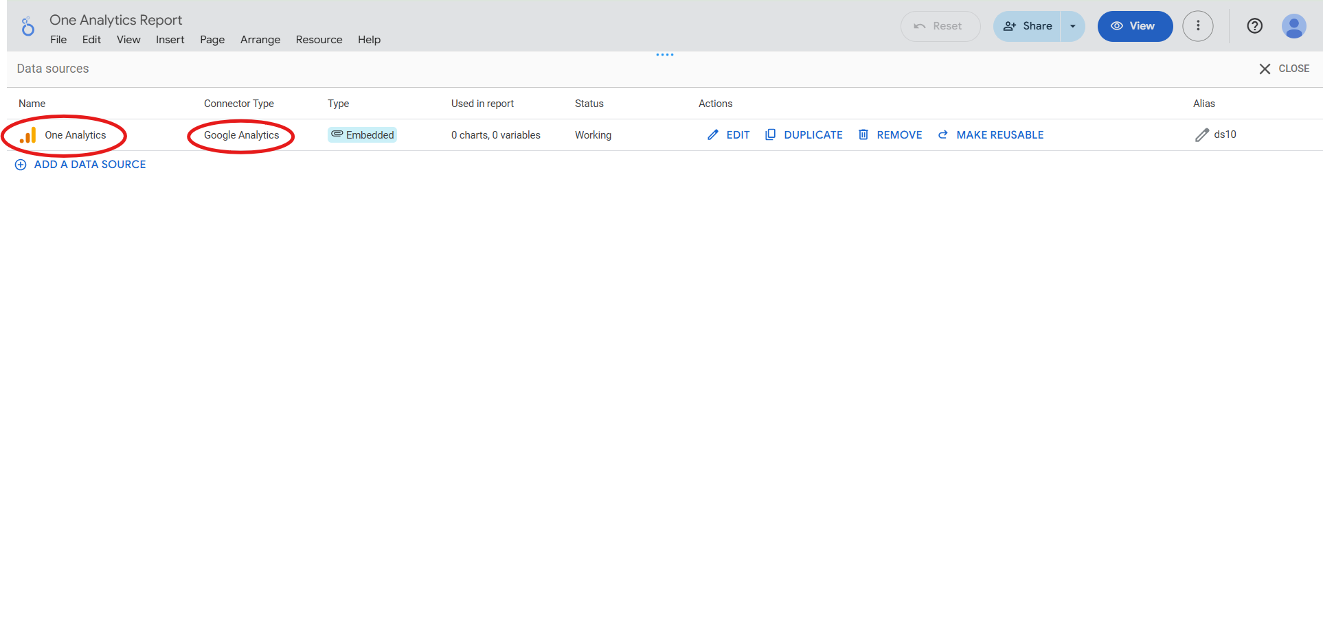Connected Looker Studio Data Source The image shows the connected Google Analytics data source within Looker Studio.