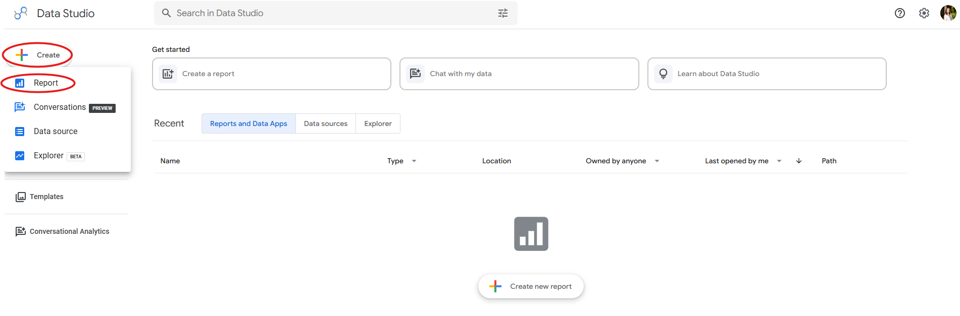 The image shows the Data Studio (formerly Looker Studio) home page and how to create a new report.