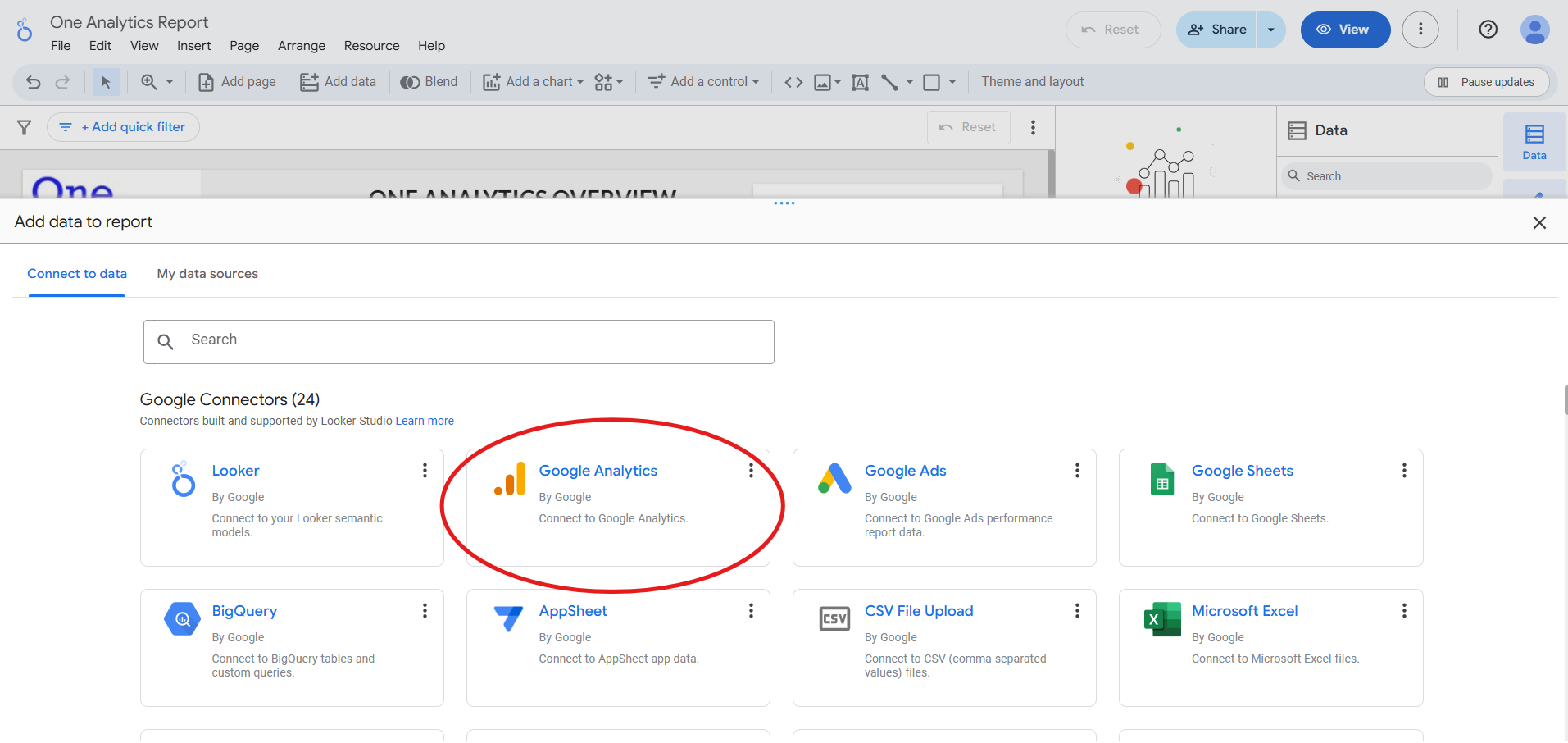 List of Connectors in Looker Studio The image shows some of the connectors available in Looker Studio with the Google Analytics connector selected.