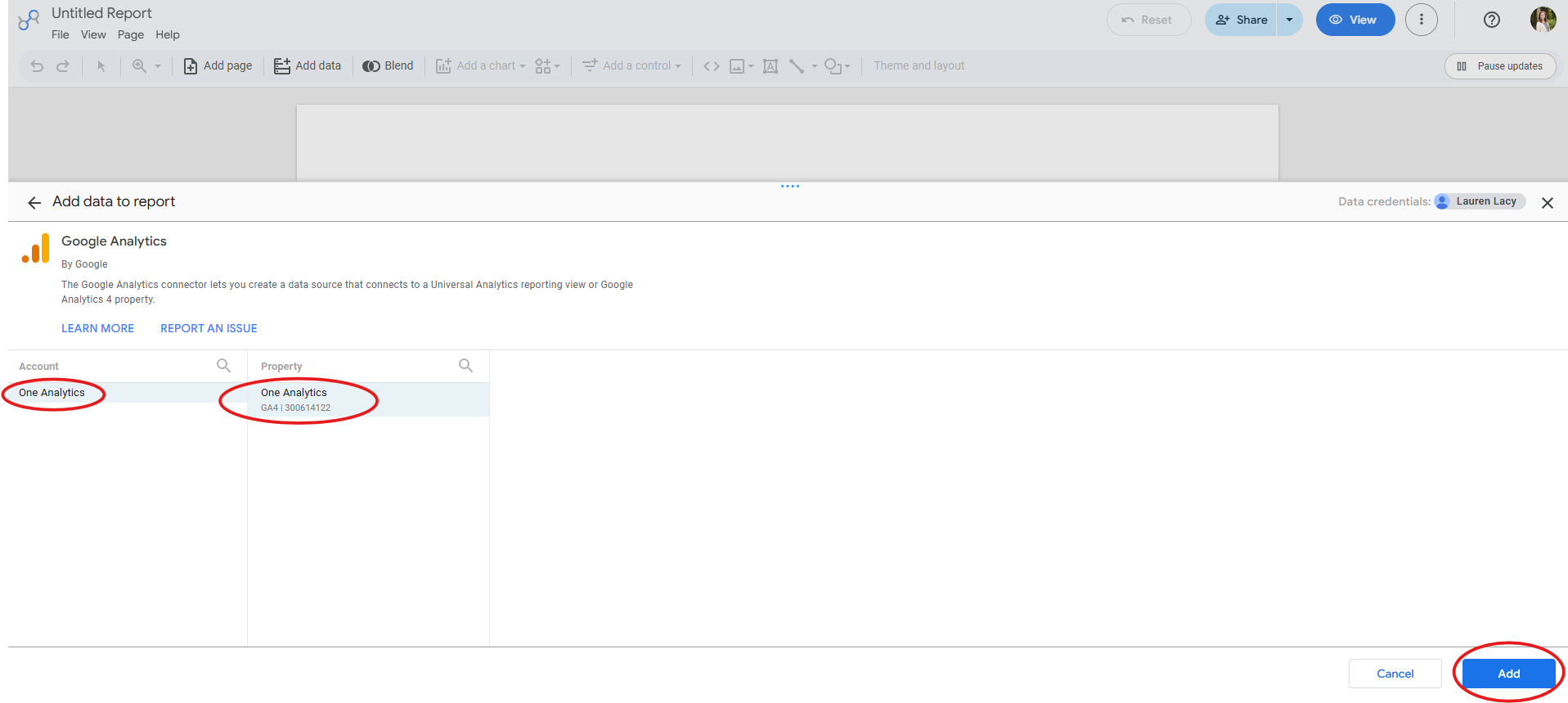 The image shows the selection of Google Analytics account and property within the Google Analytics Data Studio (formerly Looker Studio) connector.