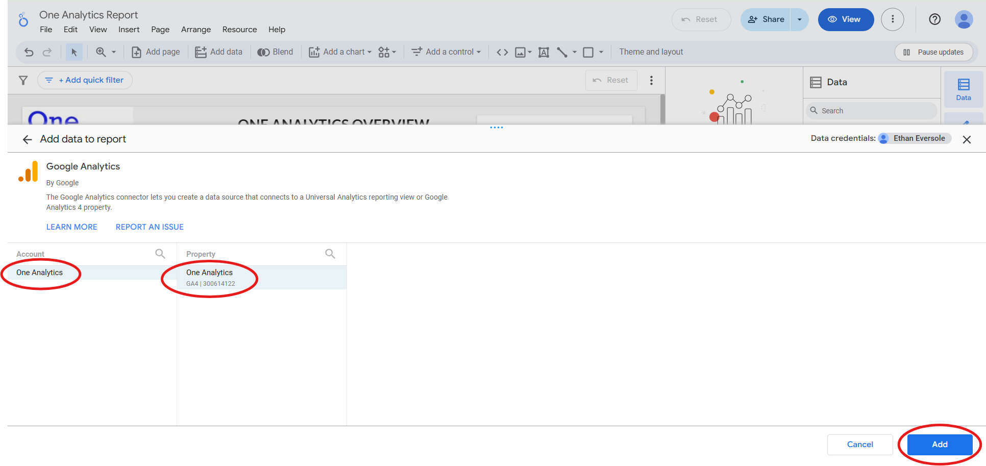 Select Google Analytics Account and Property The image shows the selection of Google Analytics account and property within the Google Analytics Looker Studio connector.