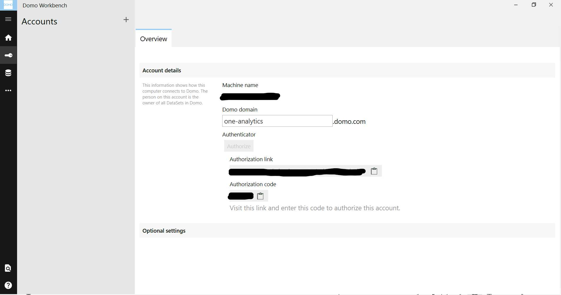 Workbench Auth screen This image shows the Domo Workbench authentication screen once a authorization link and authorization code have been generated.