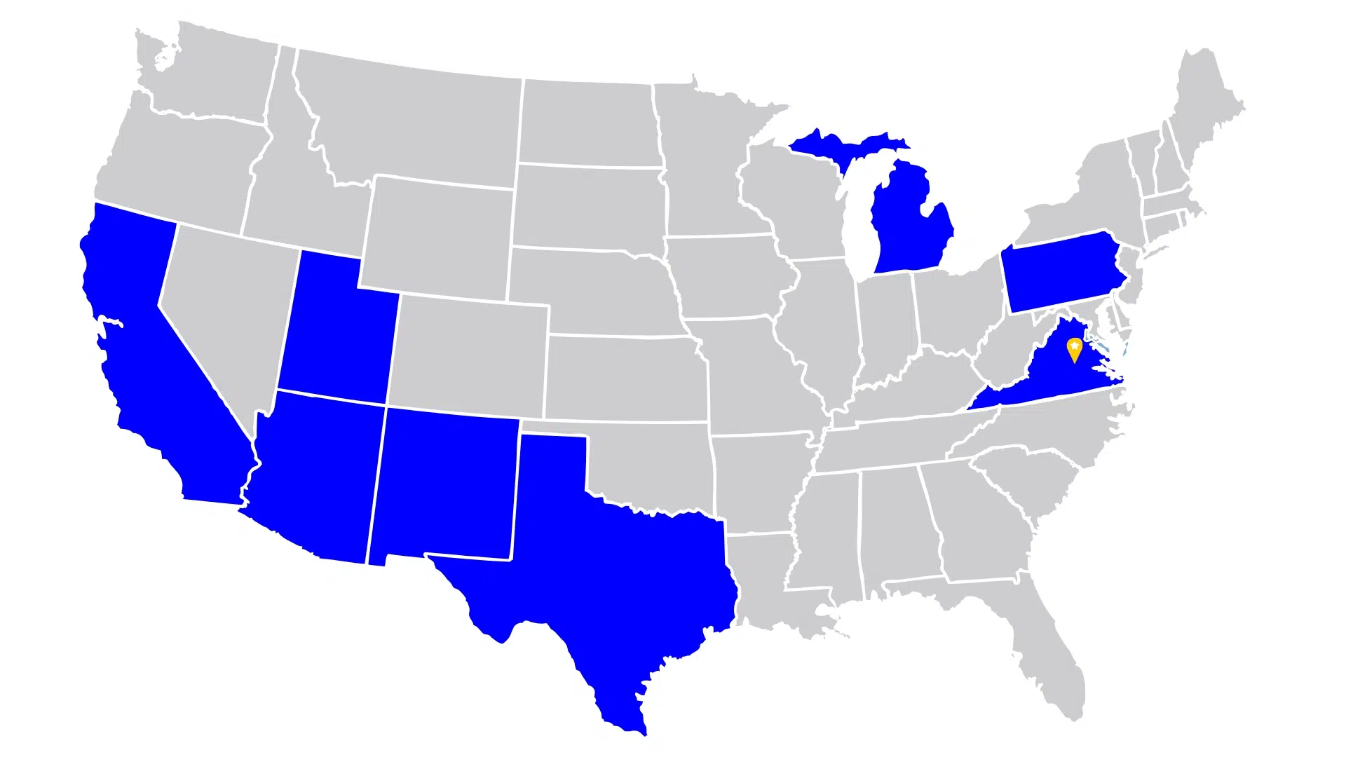 Map of the United States highlighting the states where One Analytics has served clients, with the company's headquarters marked in Richmond, Virginia.
