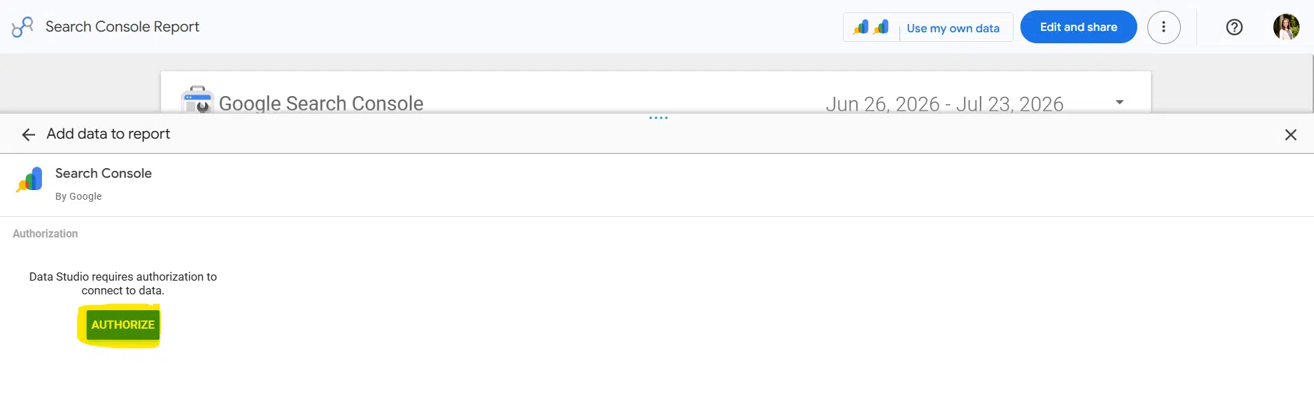 The image shows how to authorize Data Studio (formerly Looker Studio) to connect to your Search Console data.