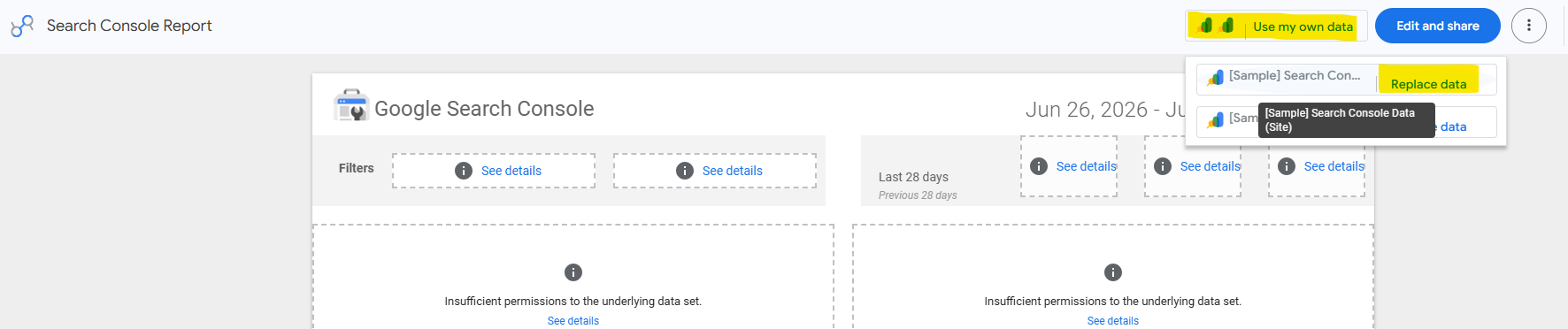 The image shows the selection of "Use my own data" within the "Search Console Report" template. It shows replacing the data for the "[Sample} Search Console Data (Site)" connection.