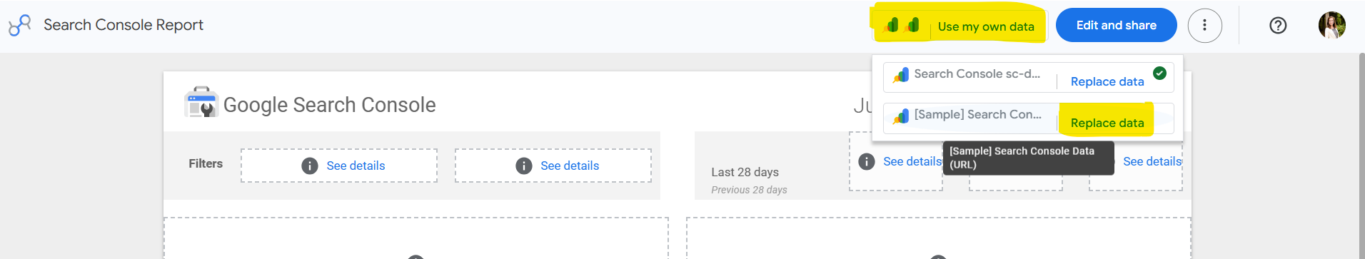 The image shows the selection of "Use my own data" within the "Search Console Report" template. It shows replacing the data for the "[Sample} Search Console Data (URL)" connection.