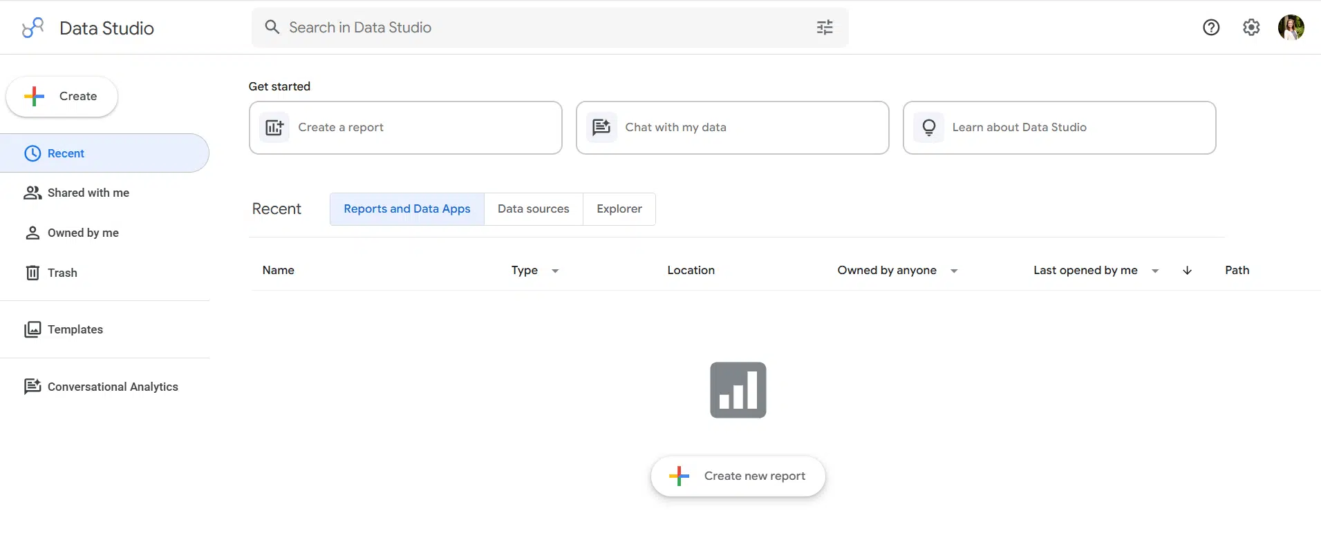 The image shows the Data Studio (formerly Looker Studio) home page.