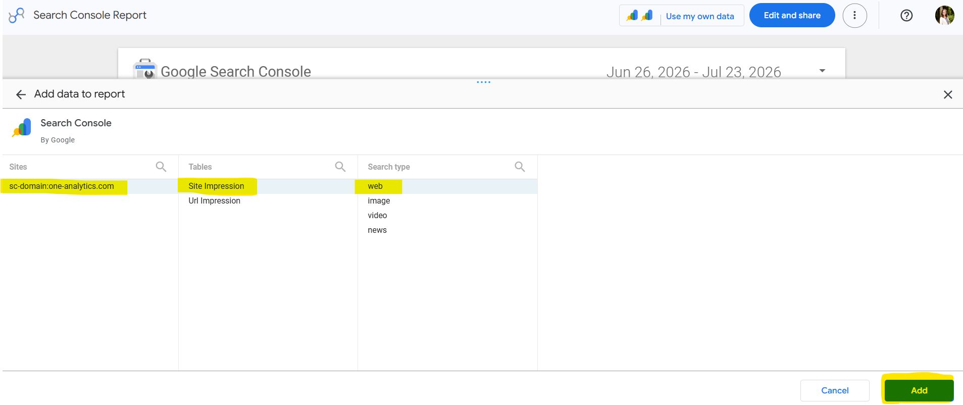 The image shows how to select the Google Search Console site that you want to connect to Data Studio (formerly Looker Studio). It shows the "Site Impression" table and "web" Search type being selected.