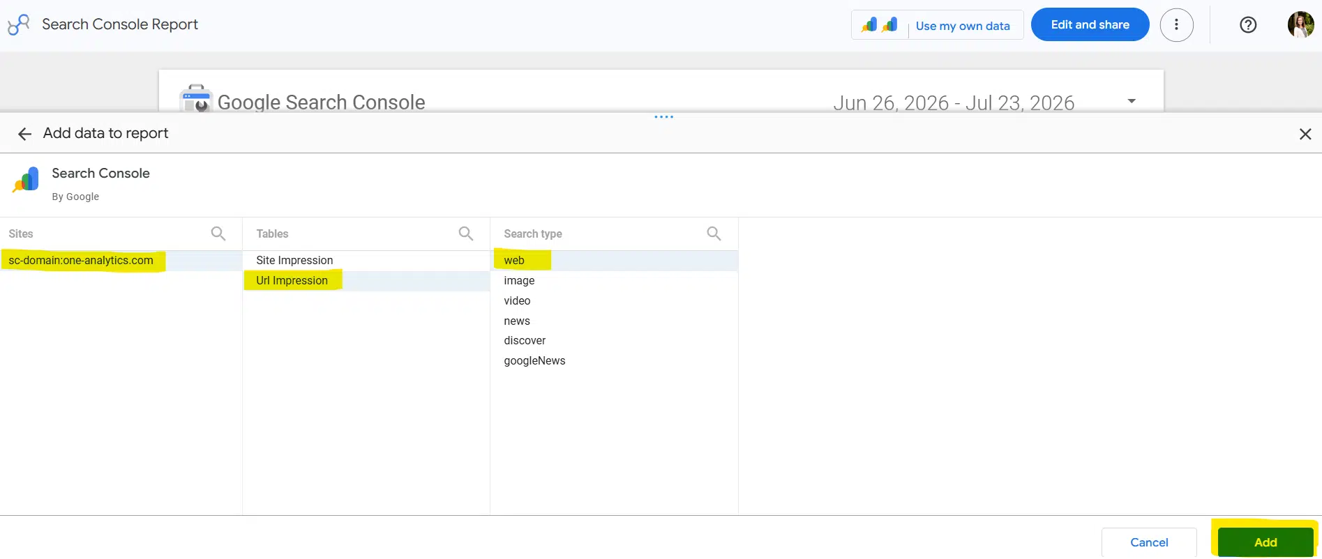 The image shows how to select the Google Search Console site that you want to connect to Data Studio (formerly Looker Studio). It shows the "Url Impression" table and "web" Search type being selected.